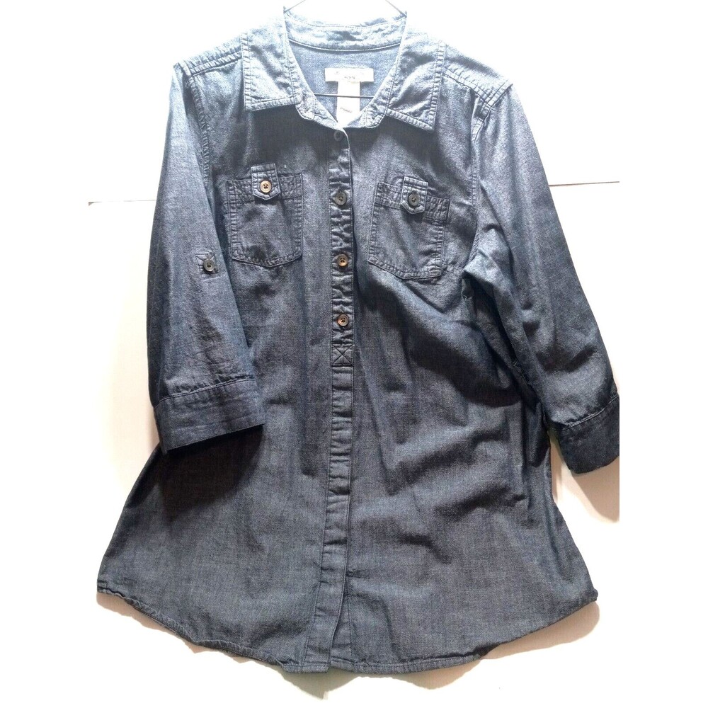 Denim 3/4 Sleeve Blouse Women's Liz Claiborne Petite Large Belt Loops Pockets